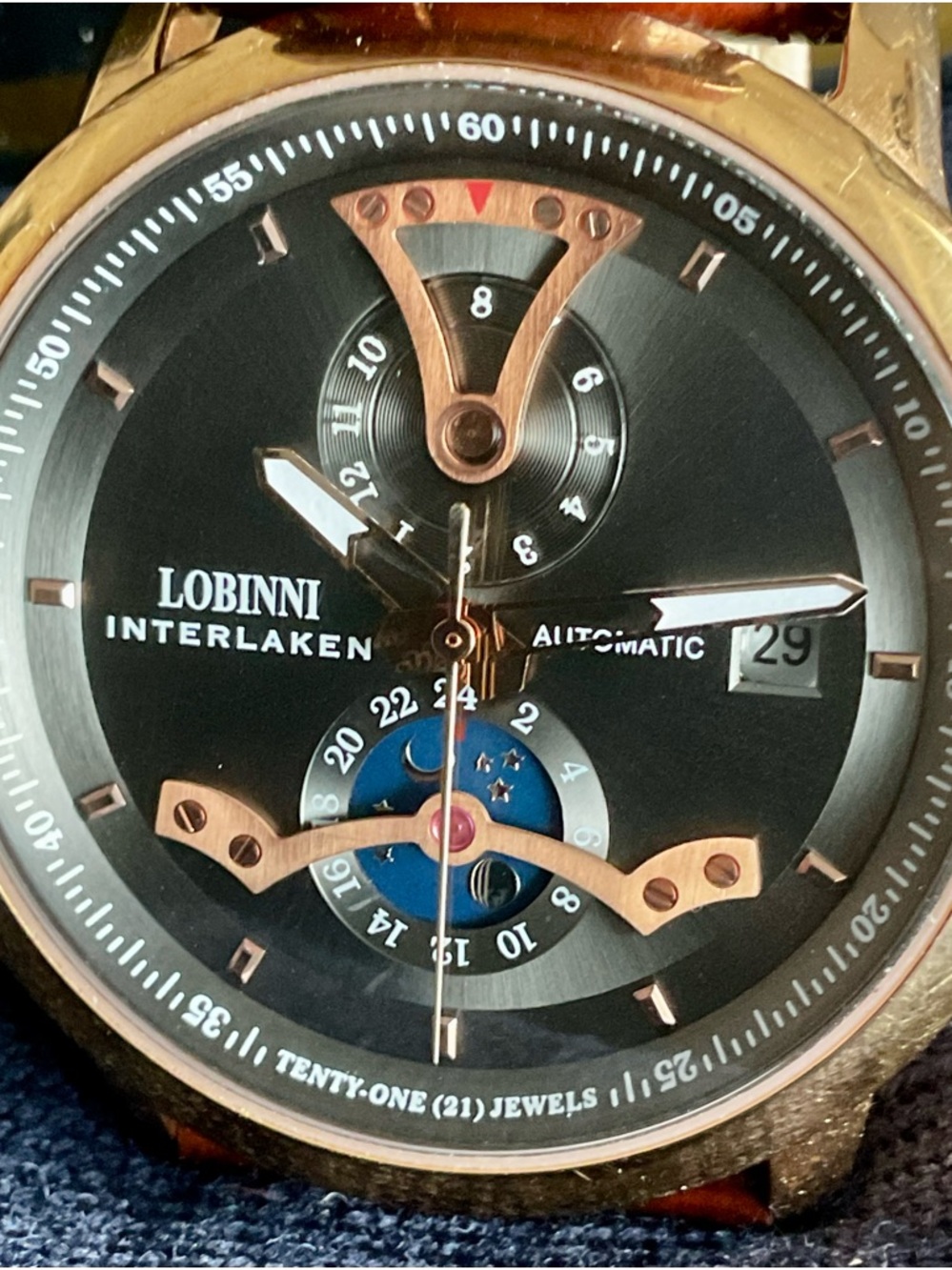 EUC Multifunction Automatic Lobinni Moon Phase Double Date Watch Box/Manual